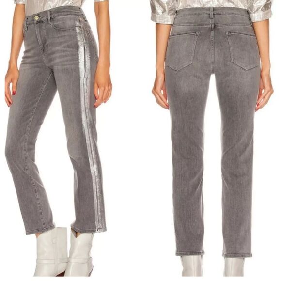FRAME Le High Straight Leg Gray Silver Strip Field Foil Tux Jeans Size 27 - Picture 1 of 8